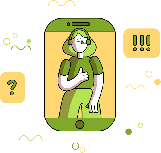 Contact Us with a girl illustration with a headset on and her thumb up