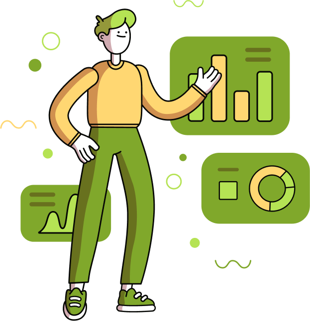 A man illustration standing with his arm up and graphs on the background